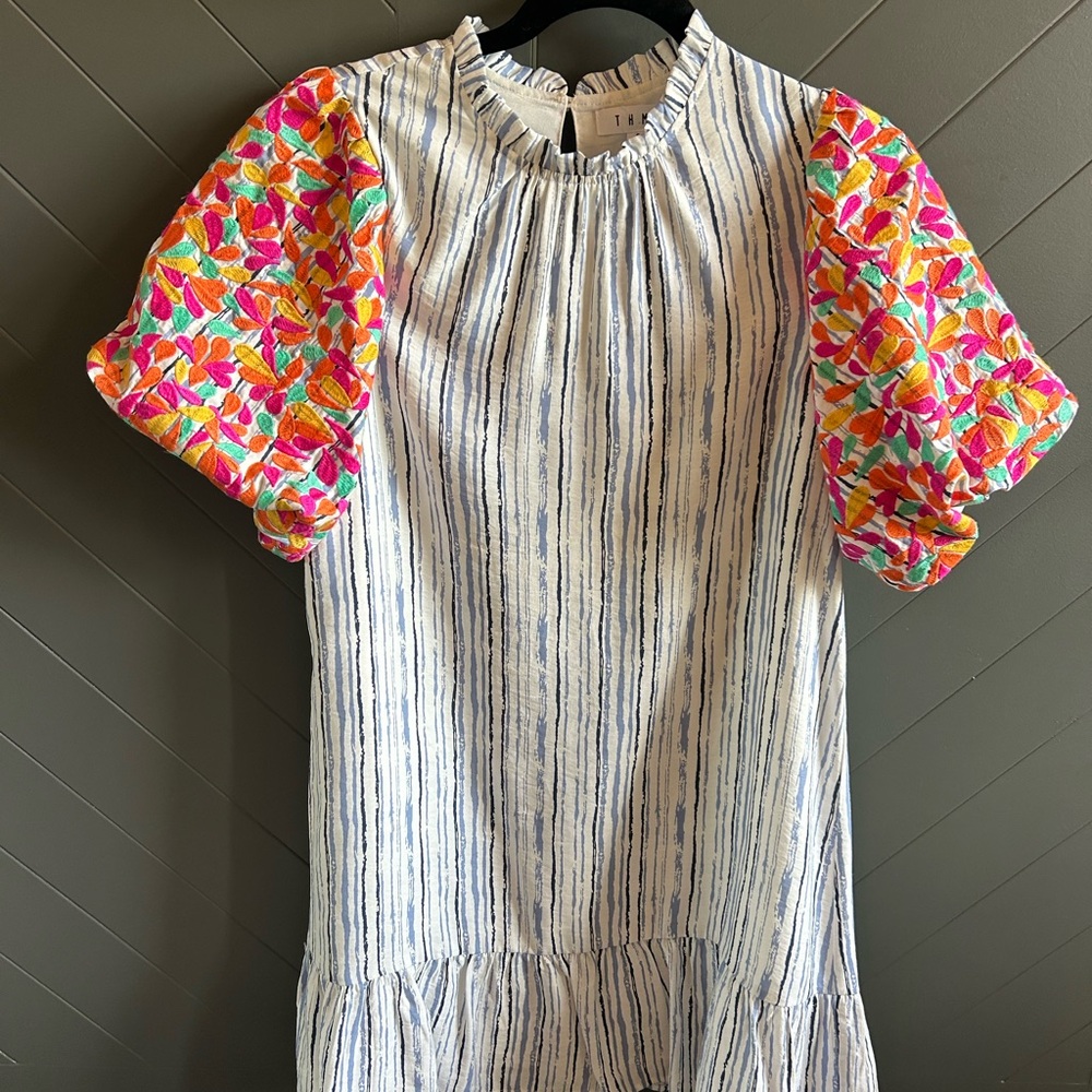 THML Striped Dress with Colorful Embroidered Sleeves